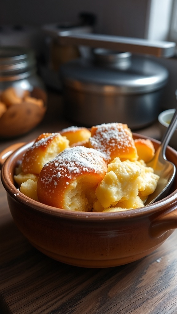 A bowl of golden brown yeast roll bread pudding dusted with powdered sugar, served with a spoon in a cozy kitchen.